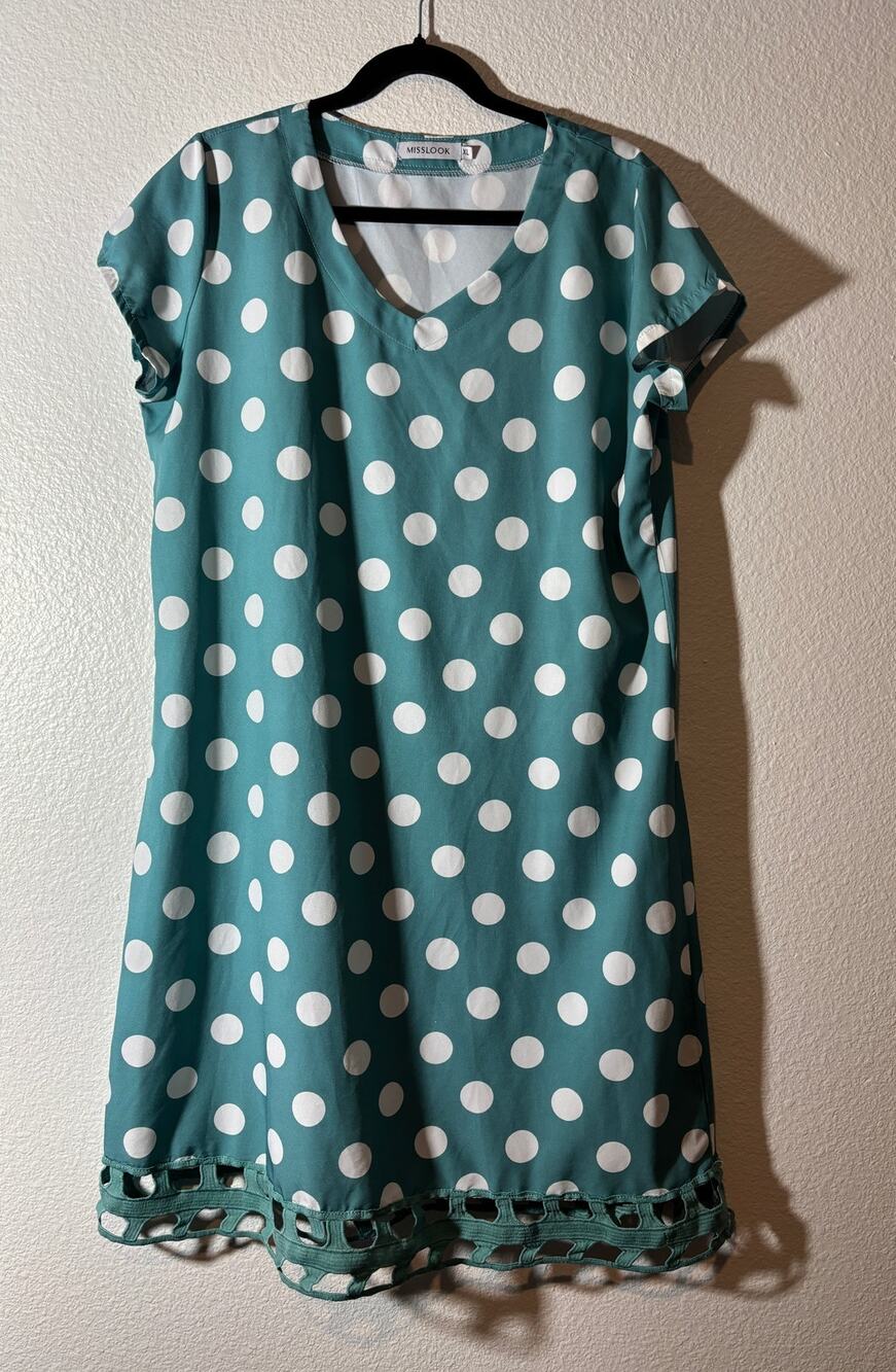 Misslook Women's Size XL Teal Blue Polka Dot V-Neck Cutout Hem Shift Dress